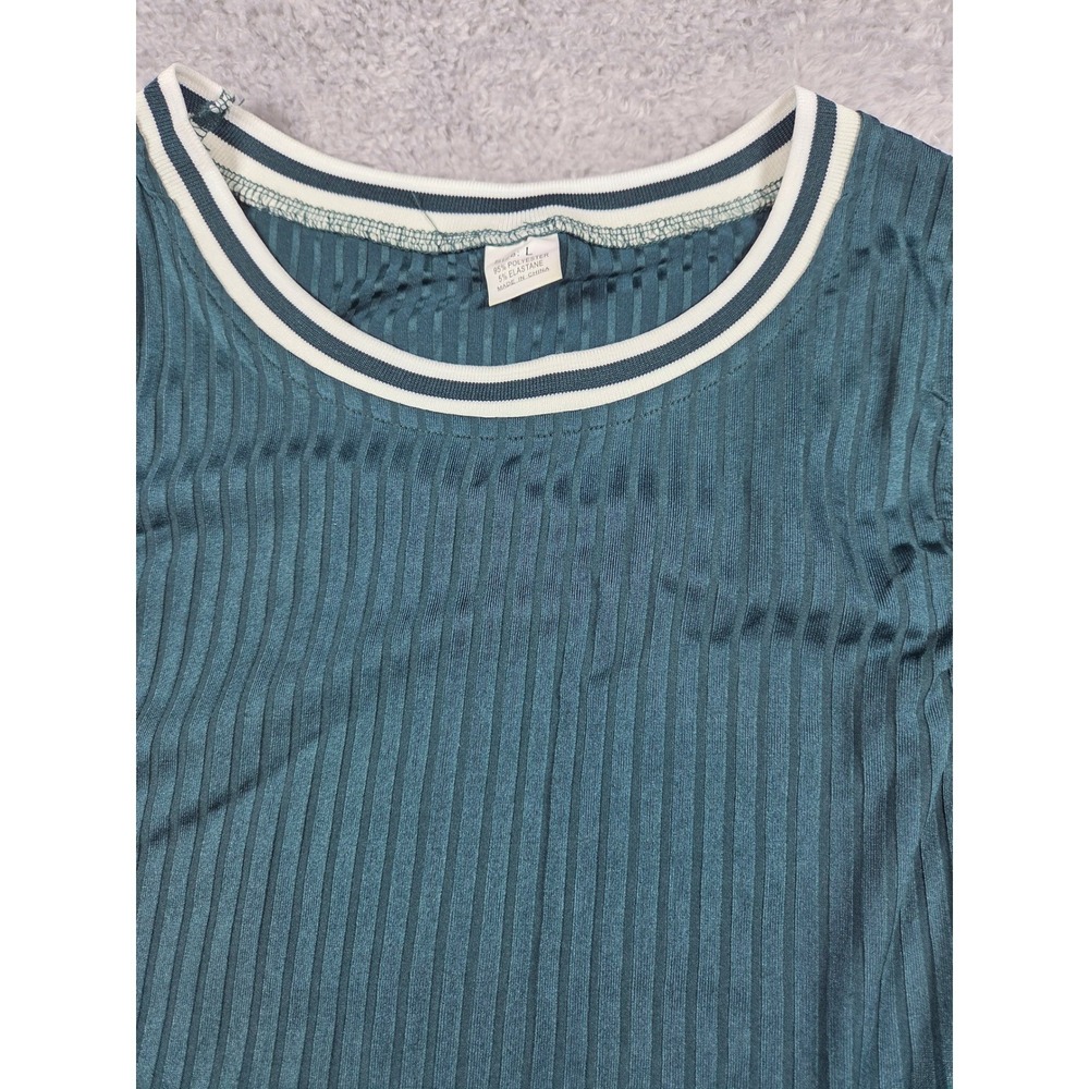 Ribbed‎ Knit Ringer Tee Teal Green Short Sleeve Crew Neck Top Large